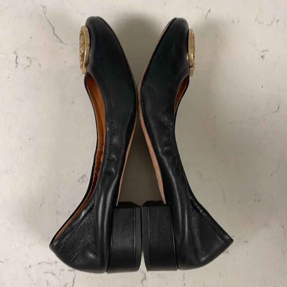 Tory Burch Benton 2 Nappa Leather Shoes Size 6.5 Black Leather Ballet Style